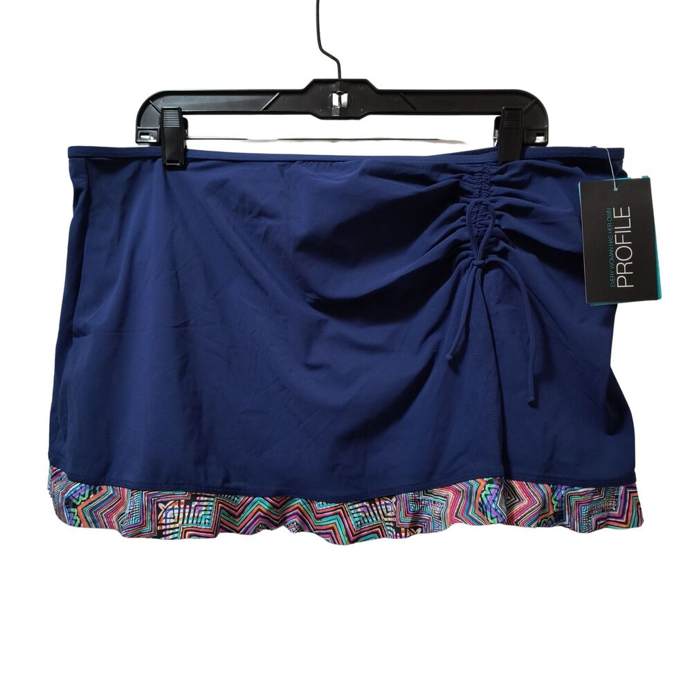 Profile by Gottex Marimba Side Slit Swim Skirt Bottom 14 Navy Multi Ruffles